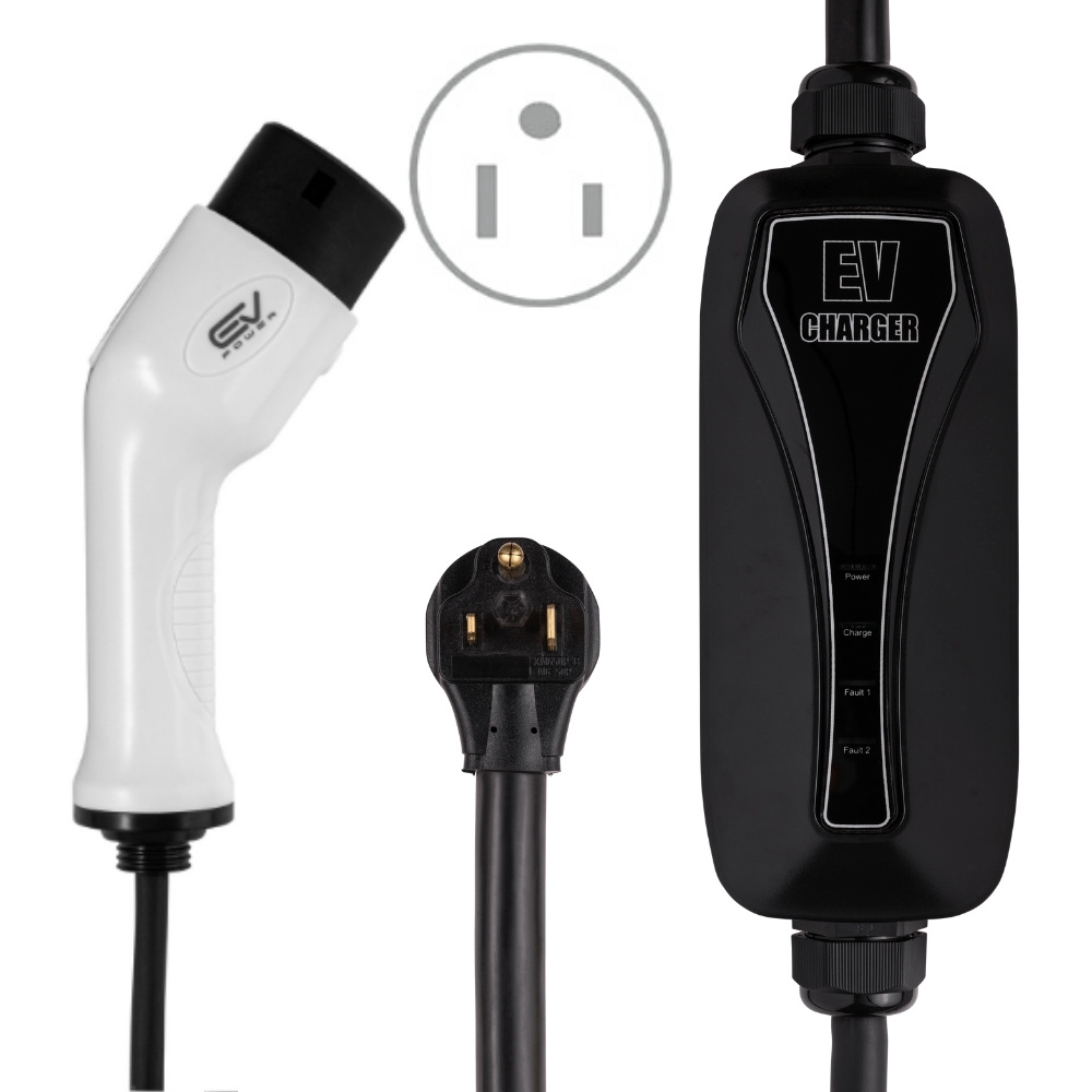 BONUS The EVPA 6-20R to 6-50P EVPower Adapter connects 16A EVFASTx3-620 Electric Vehicle Charger to a 6-50 Welders Outlet It is ~10 long & rated at 20A Rain Bonnet and ‘EVs Save .’ Sticker 